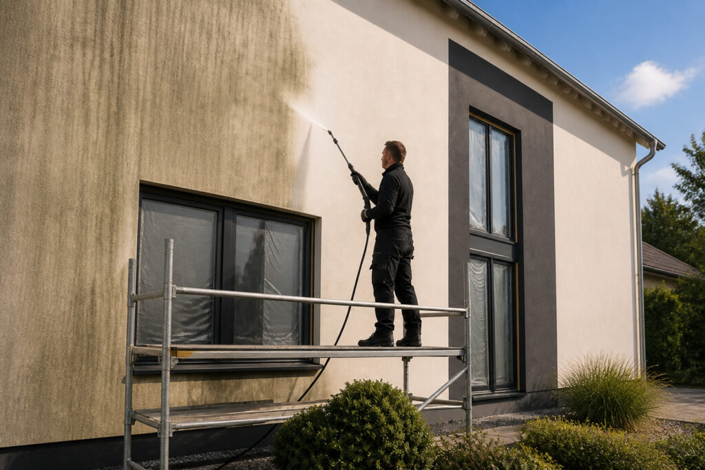 Facharbeiter reinigt verschmutzte Hausfassade mit einem Hochdruckreiniger
