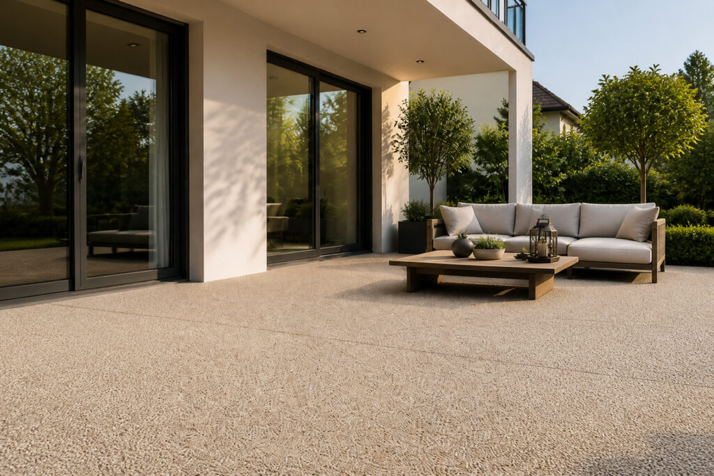 Moderne Terrasse mit fugenlosem Steinteppich vor einem Einfamilienhaus